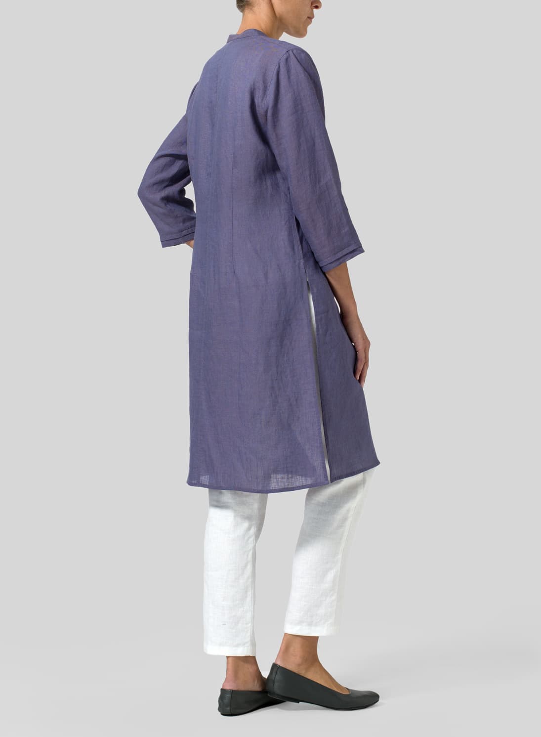 DARK SLATE PURPLE LINEN V NECK STAND COLLAR LONG BLOUSE