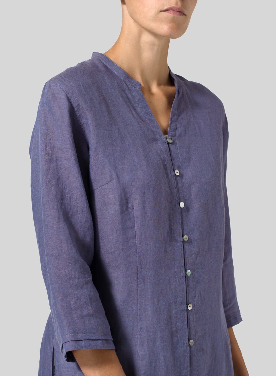DARK SLATE PURPLE LINEN V NECK STAND COLLAR LONG BLOUSE