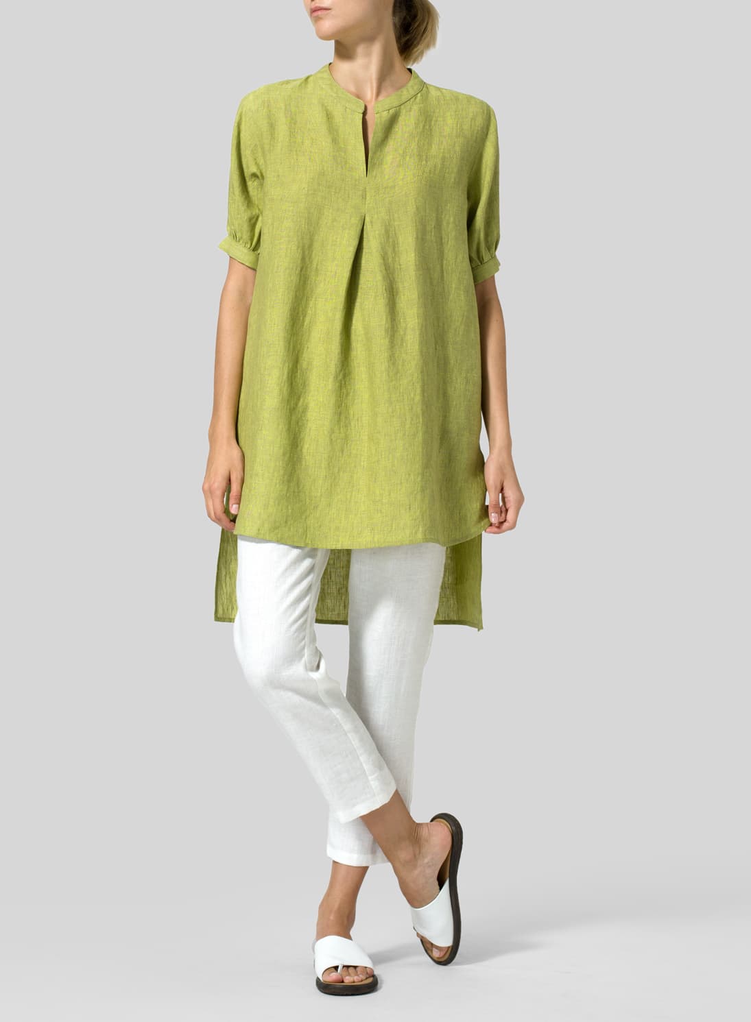 LIME OLIVE GREEN LINEN MANDARIN COLLAR A SHAPE BLOUSE