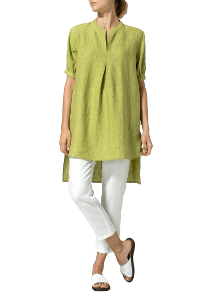 LIME OLIVE GREEN LINEN MANDARIN COLLAR A SHAPE BLOUSE