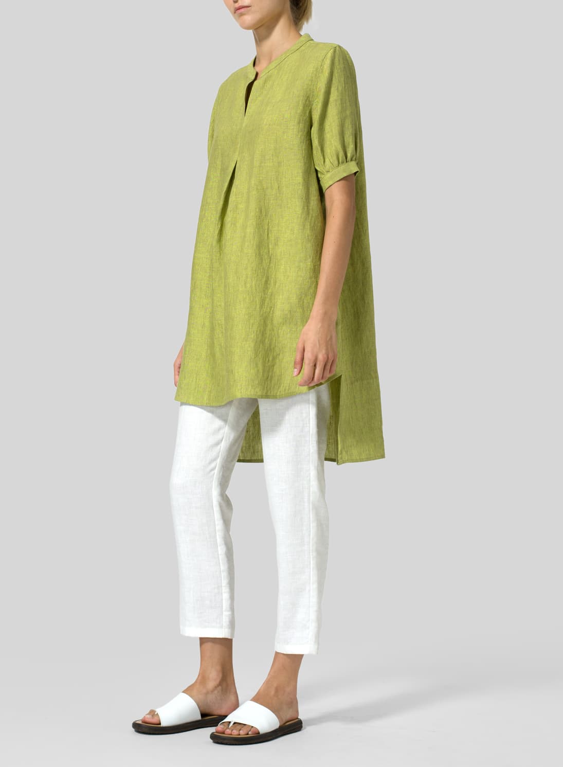 LIME OLIVE GREEN LINEN MANDARIN COLLAR A SHAPE BLOUSE