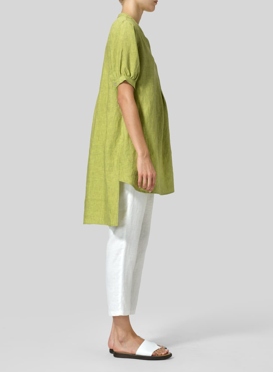 LIME OLIVE GREEN LINEN MANDARIN COLLAR A SHAPE BLOUSE