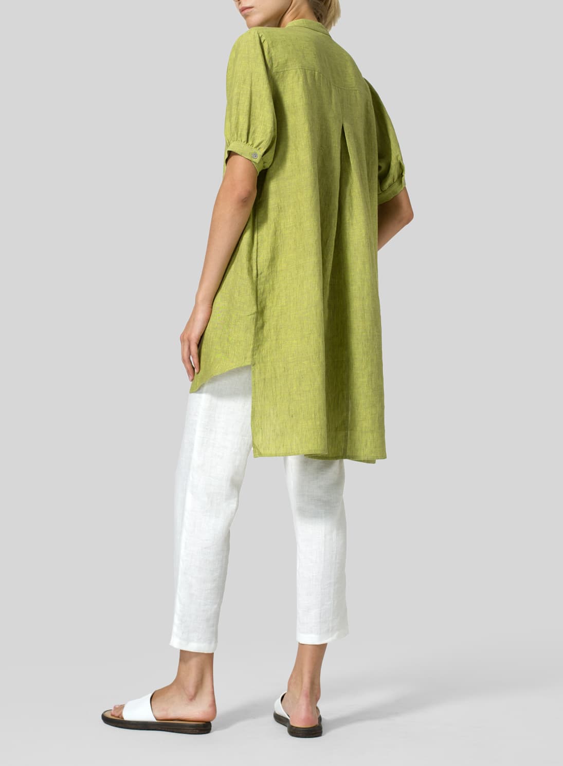 LIME OLIVE GREEN LINEN MANDARIN COLLAR A SHAPE BLOUSE