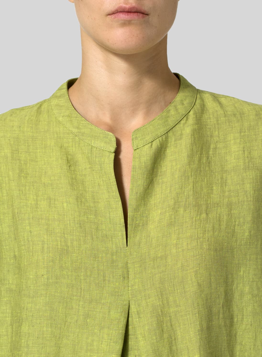 LIME OLIVE GREEN LINEN MANDARIN COLLAR A SHAPE BLOUSE