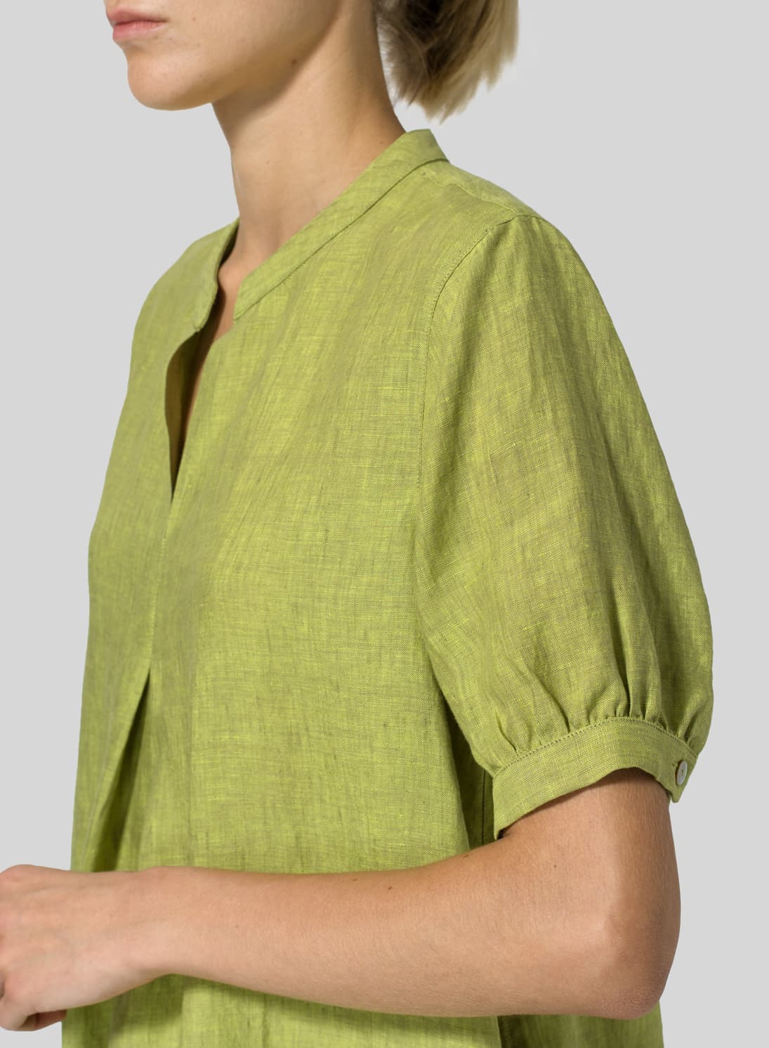 LIME OLIVE GREEN LINEN MANDARIN COLLAR A SHAPE BLOUSE