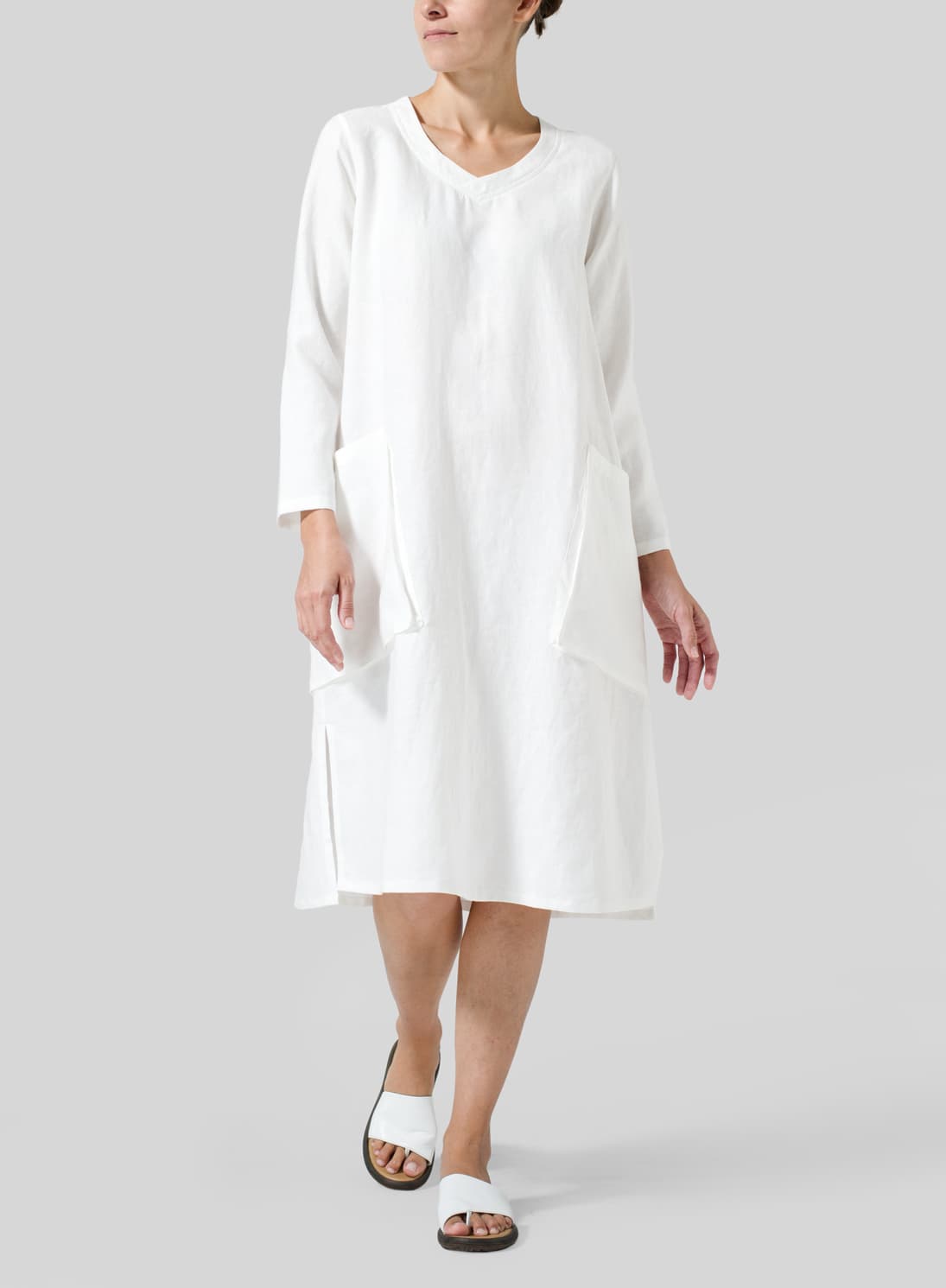 WHITE LINEN LONG SLEEVE MONK DRESS