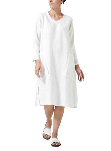 WHITE LINEN LONG SLEEVE MONK DRESS