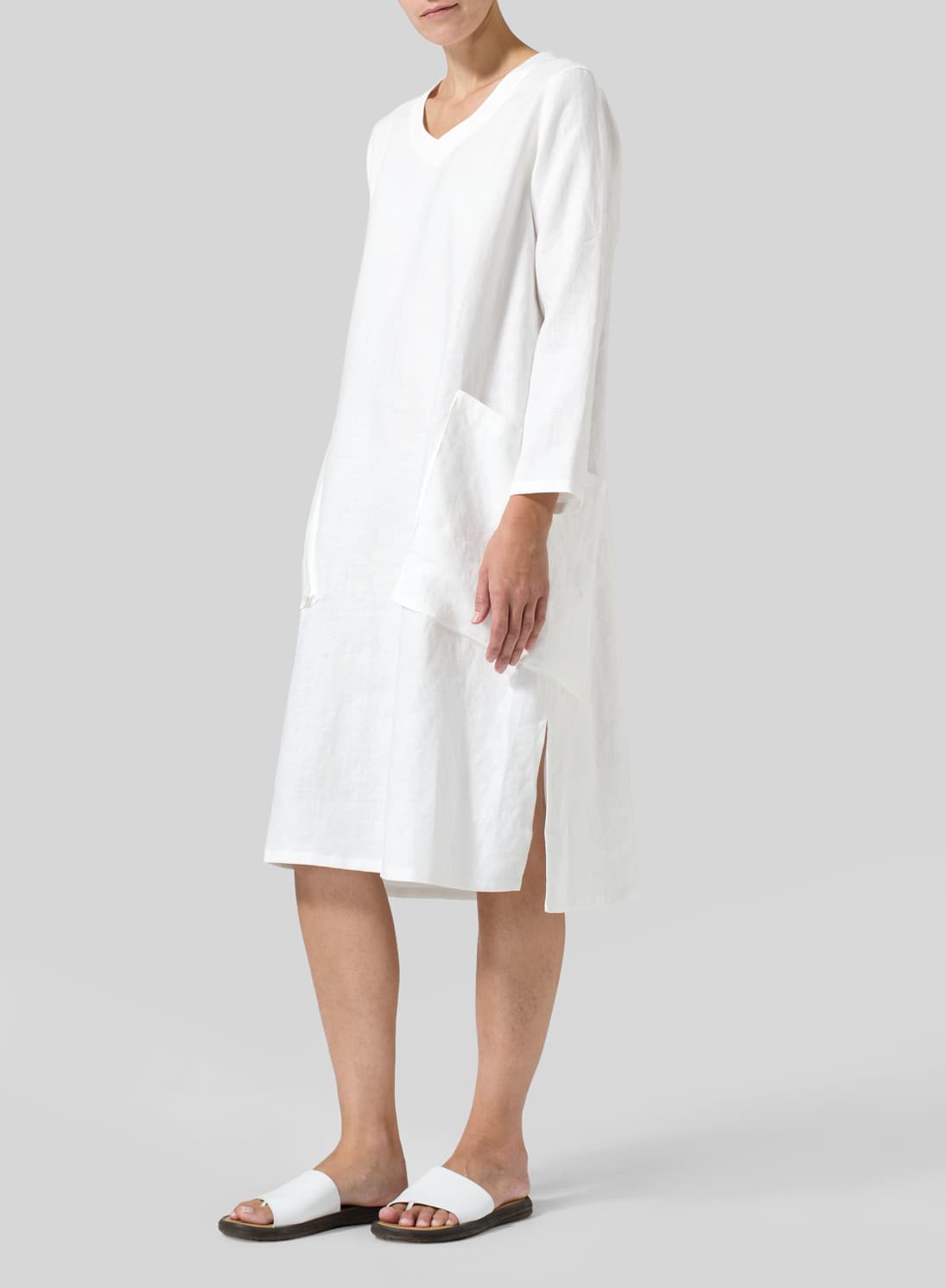 WHITE LINEN LONG SLEEVE MONK DRESS