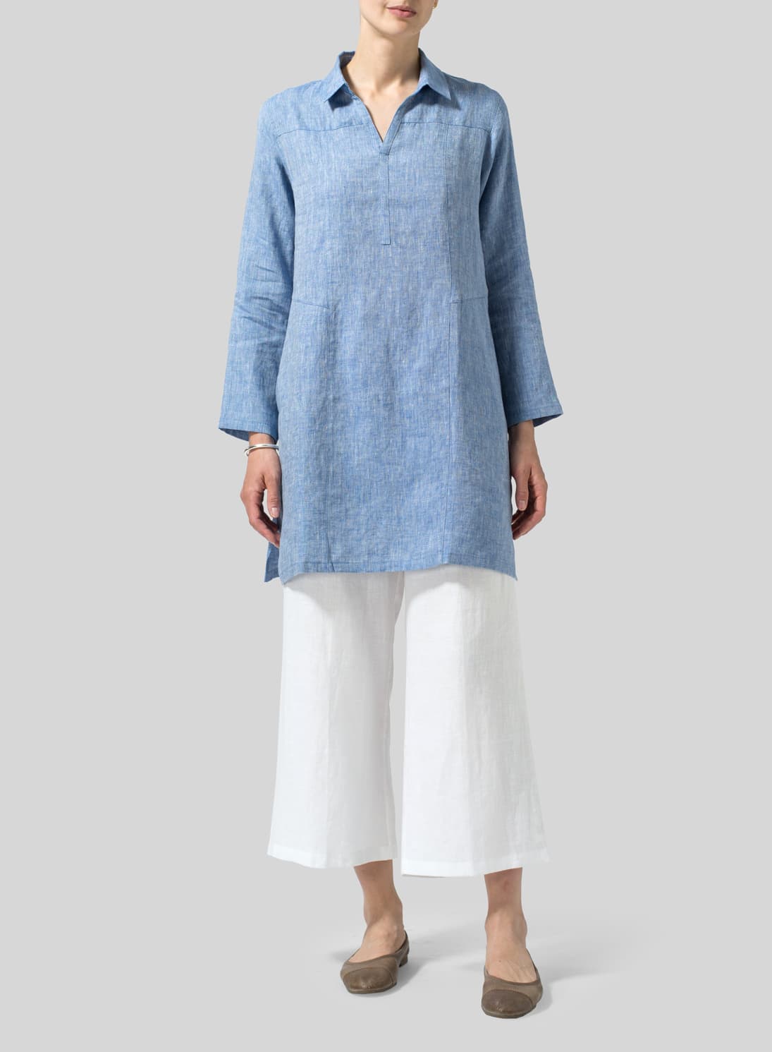 TWO TONE BLUE WHITE LINEN L SLEEVES V NECK TUNIC