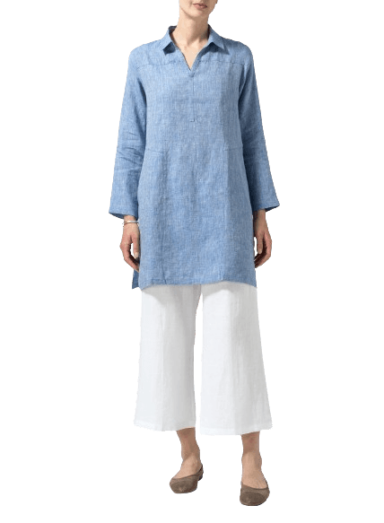 TWO TONE BLUE WHITE LINEN L SLEEVES V NECK TUNIC