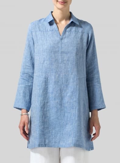 TWO TONE BLUE WHITE LINEN L SLEEVES V NECK TUNIC