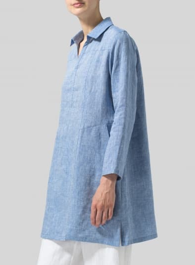 TWO TONE BLUE WHITE LINEN L SLEEVES V NECK TUNIC