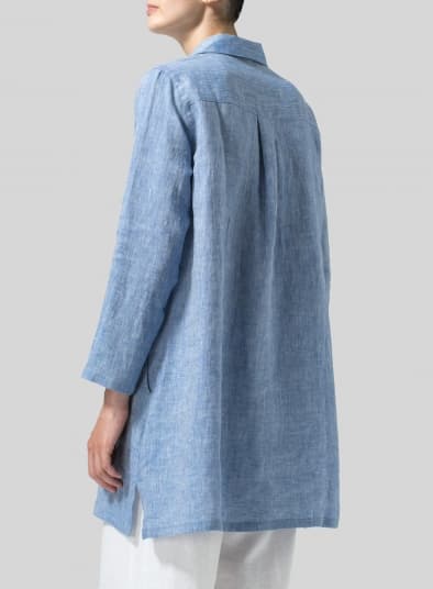 TWO TONE BLUE WHITE LINEN L SLEEVES V NECK TUNIC
