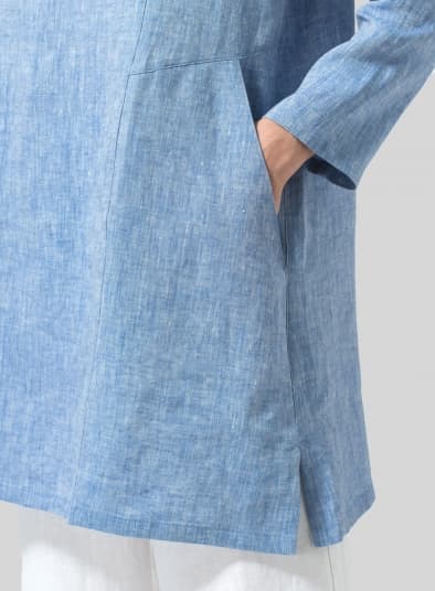 TWO TONE BLUE WHITE LINEN L SLEEVES V NECK TUNIC