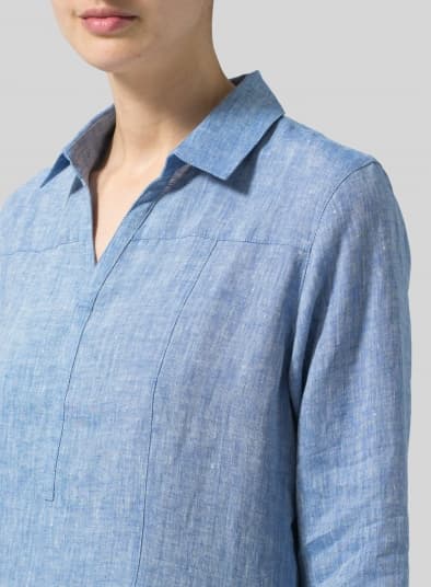 TWO TONE BLUE WHITE LINEN L SLEEVES V NECK TUNIC