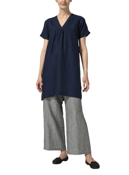NAVY LINEN SHORT SLEEVE NECK PLEATED TOP