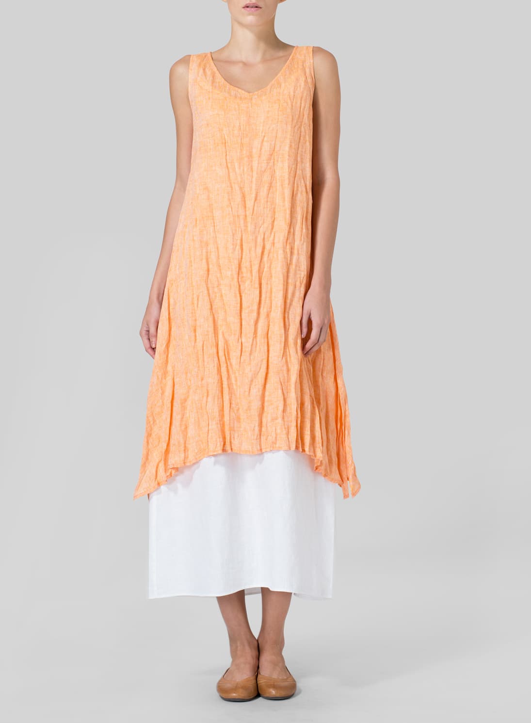 TWO TONE ORANGE LINEN SLEEVELESS CRUMPLE EFFECT LONG BLOUSE