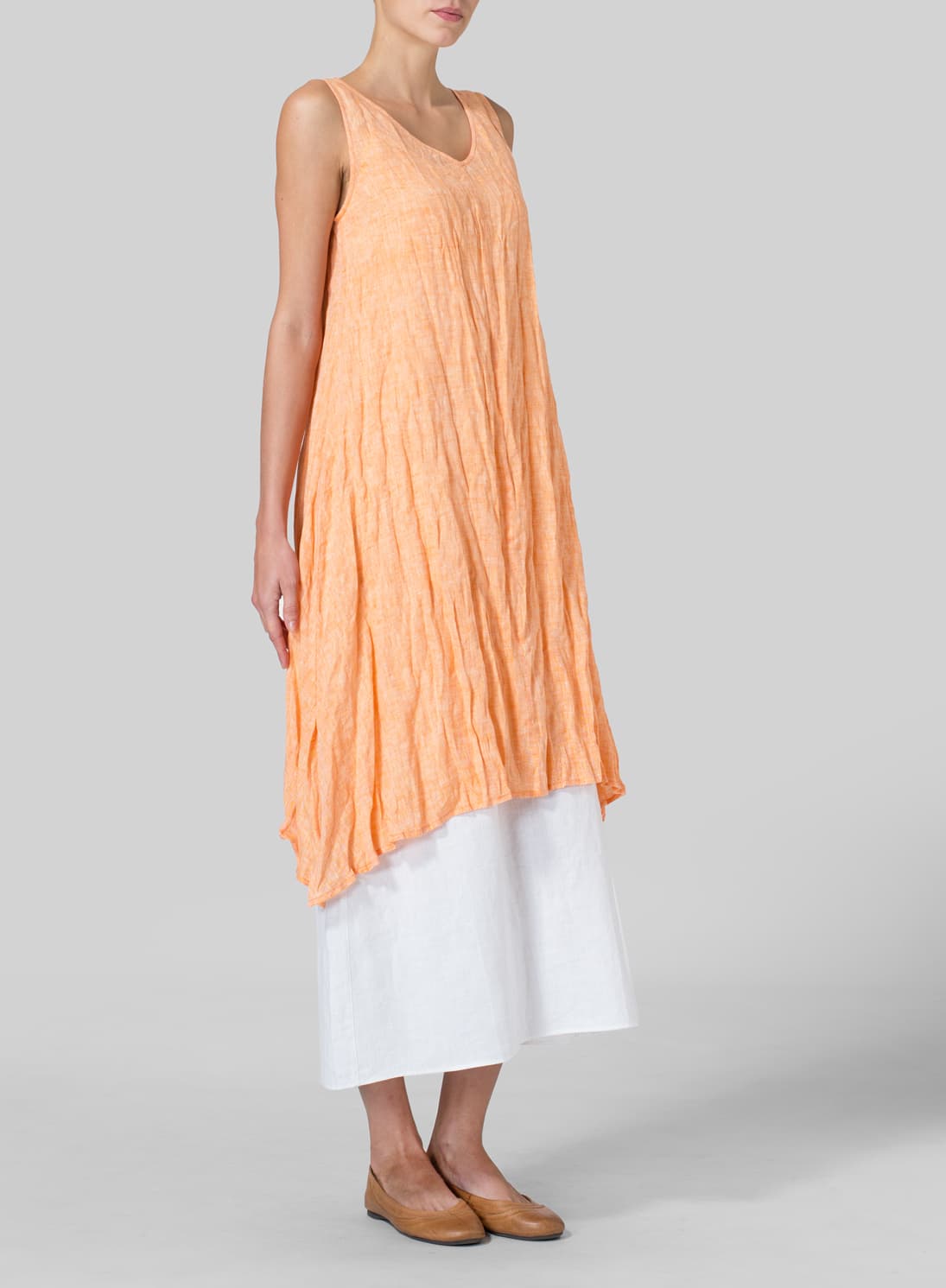 TWO TONE ORANGE LINEN SLEEVELESS CRUMPLE EFFECT LONG BLOUSE