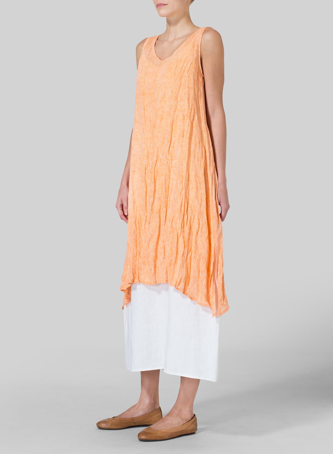 TWO TONE ORANGE LINEN SLEEVELESS CRUMPLE EFFECT LONG BLOUSE