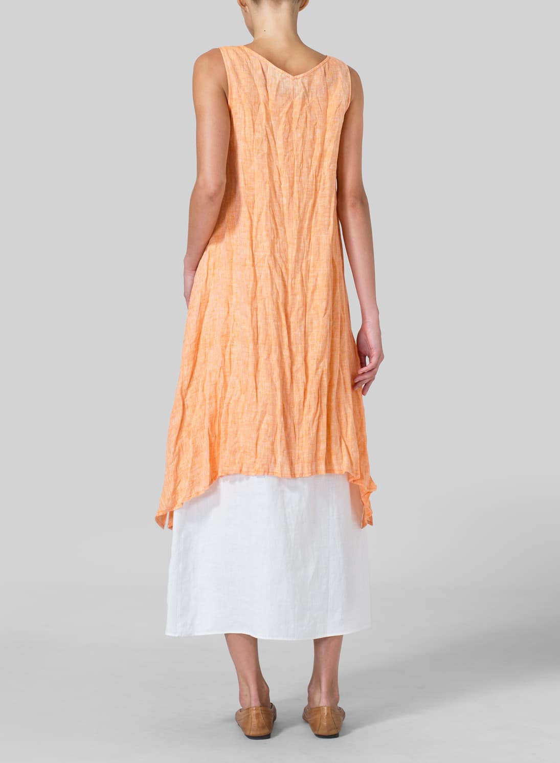 TWO TONE ORANGE LINEN SLEEVELESS CRUMPLE EFFECT LONG BLOUSE