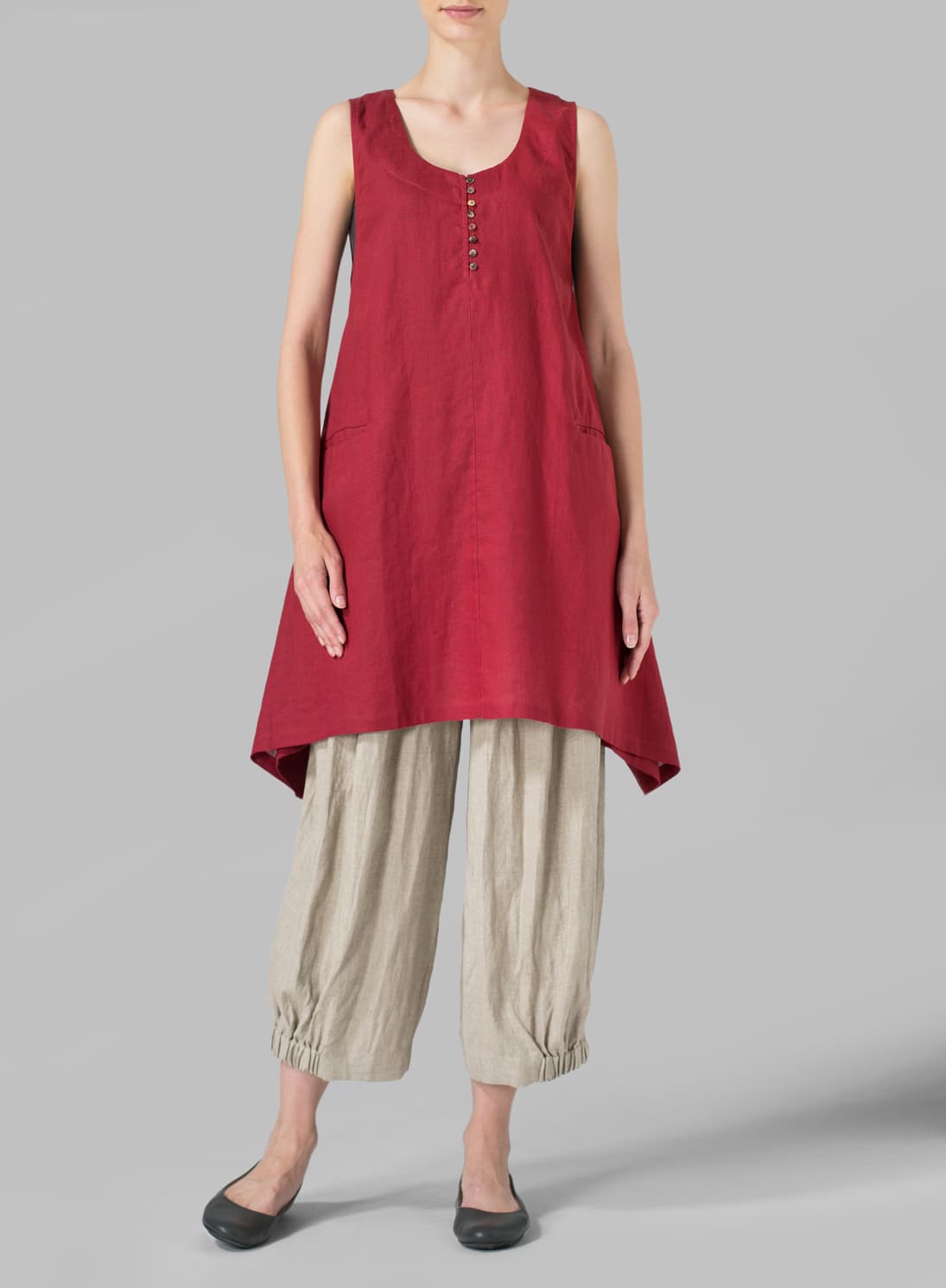 BURGUNDY LINEN SLEEVELESS ASYMMETRIC HEM TUNIC