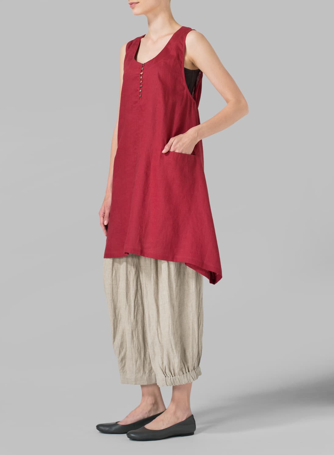 BURGUNDY LINEN SLEEVELESS ASYMMETRIC HEM TUNIC