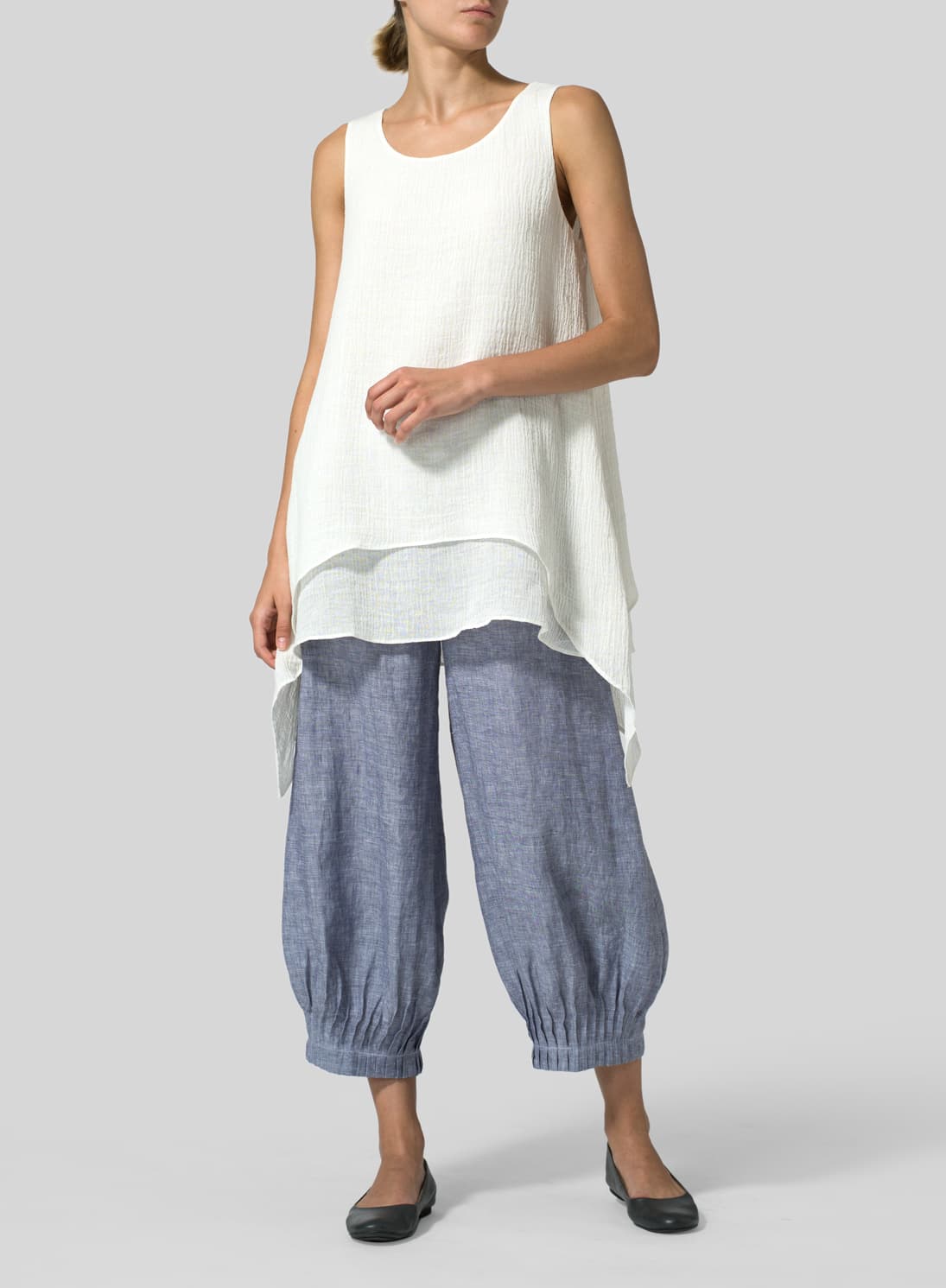 IVORY WHITE LINEN CRINKLE GAUZE SLEEVELESS LAYERED TOP