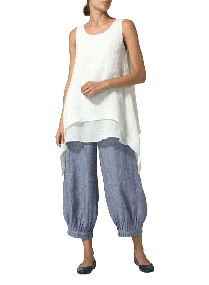 IVORY WHITE LINEN CRINKLE GAUZE SLEEVELESS LAYERED TOP