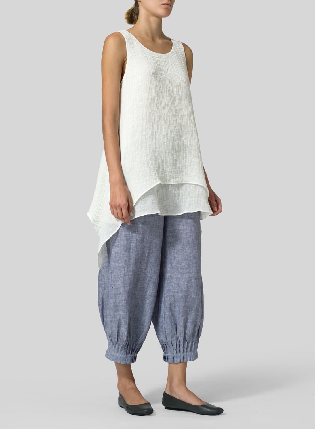 IVORY WHITE LINEN CRINKLE GAUZE SLEEVELESS LAYERED TOP