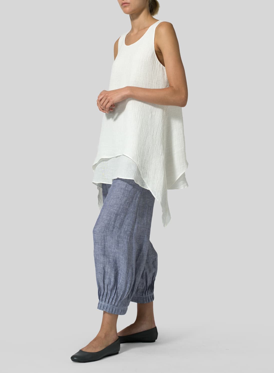 IVORY WHITE LINEN CRINKLE GAUZE SLEEVELESS LAYERED TOP
