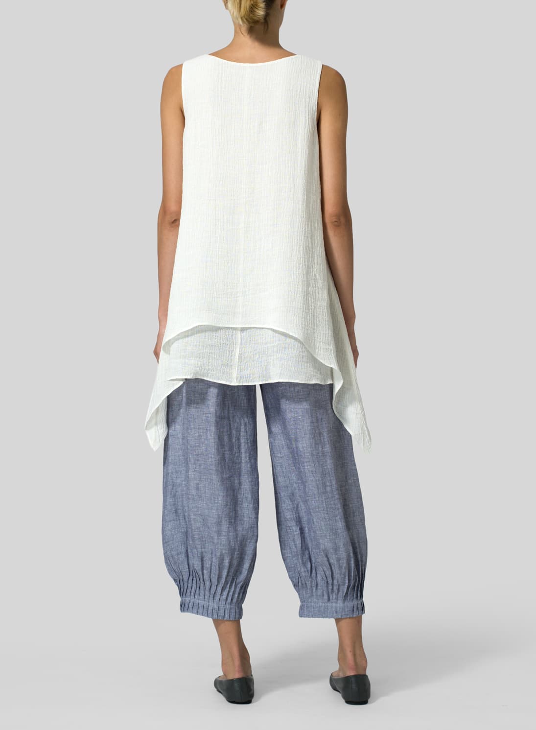 IVORY WHITE LINEN CRINKLE GAUZE SLEEVELESS LAYERED TOP