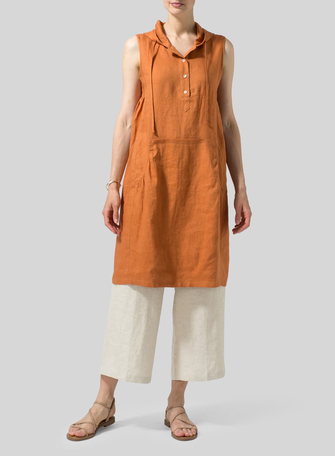 SUN ORANGE LINEN SLEEVELESS HOODIE LONG TUNIC