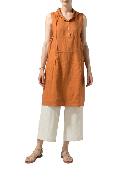 SUN ORANGE LINEN SLEEVELESS HOODIE LONG TUNIC