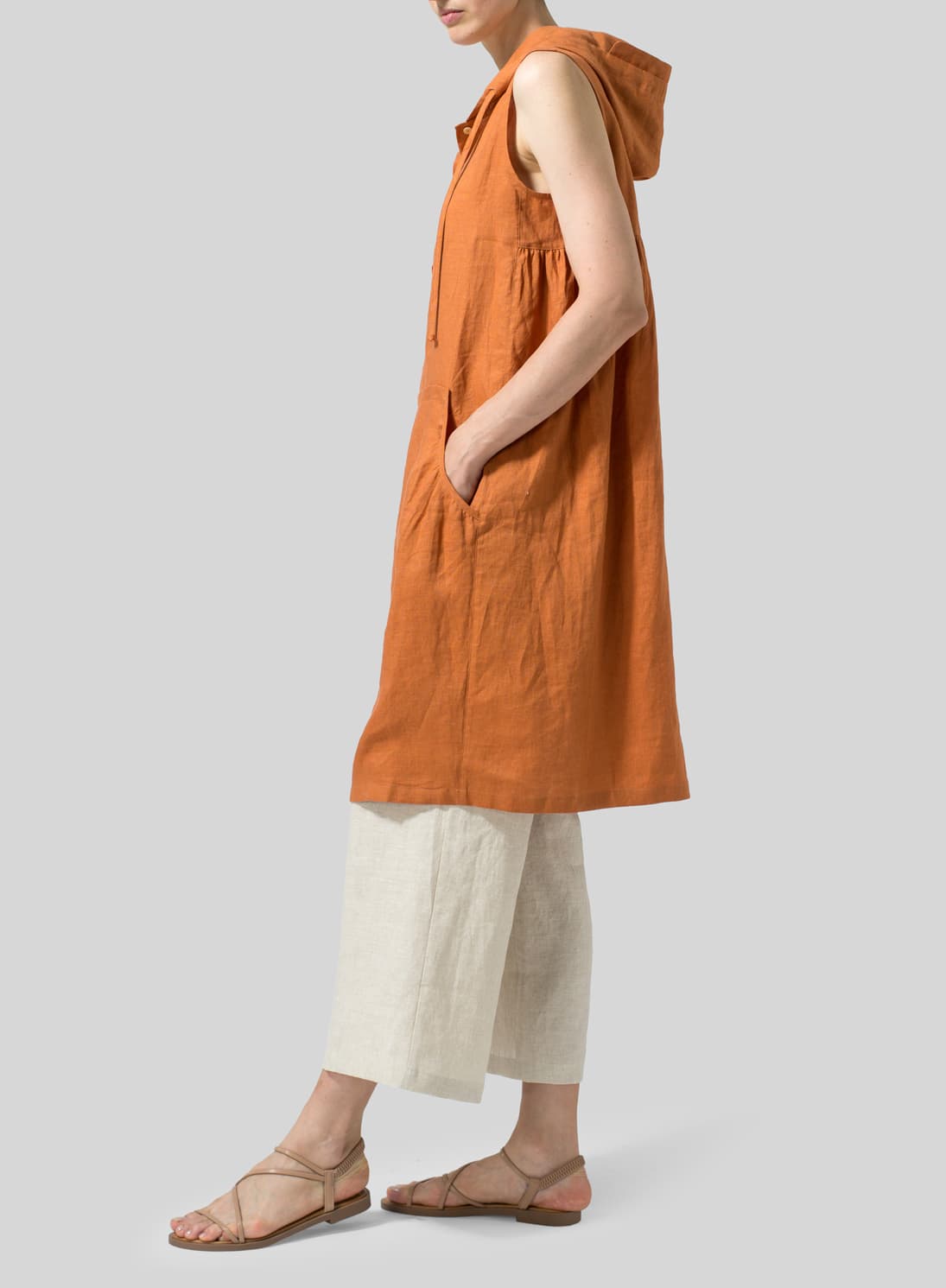 SUN ORANGE LINEN SLEEVELESS HOODIE LONG TUNIC