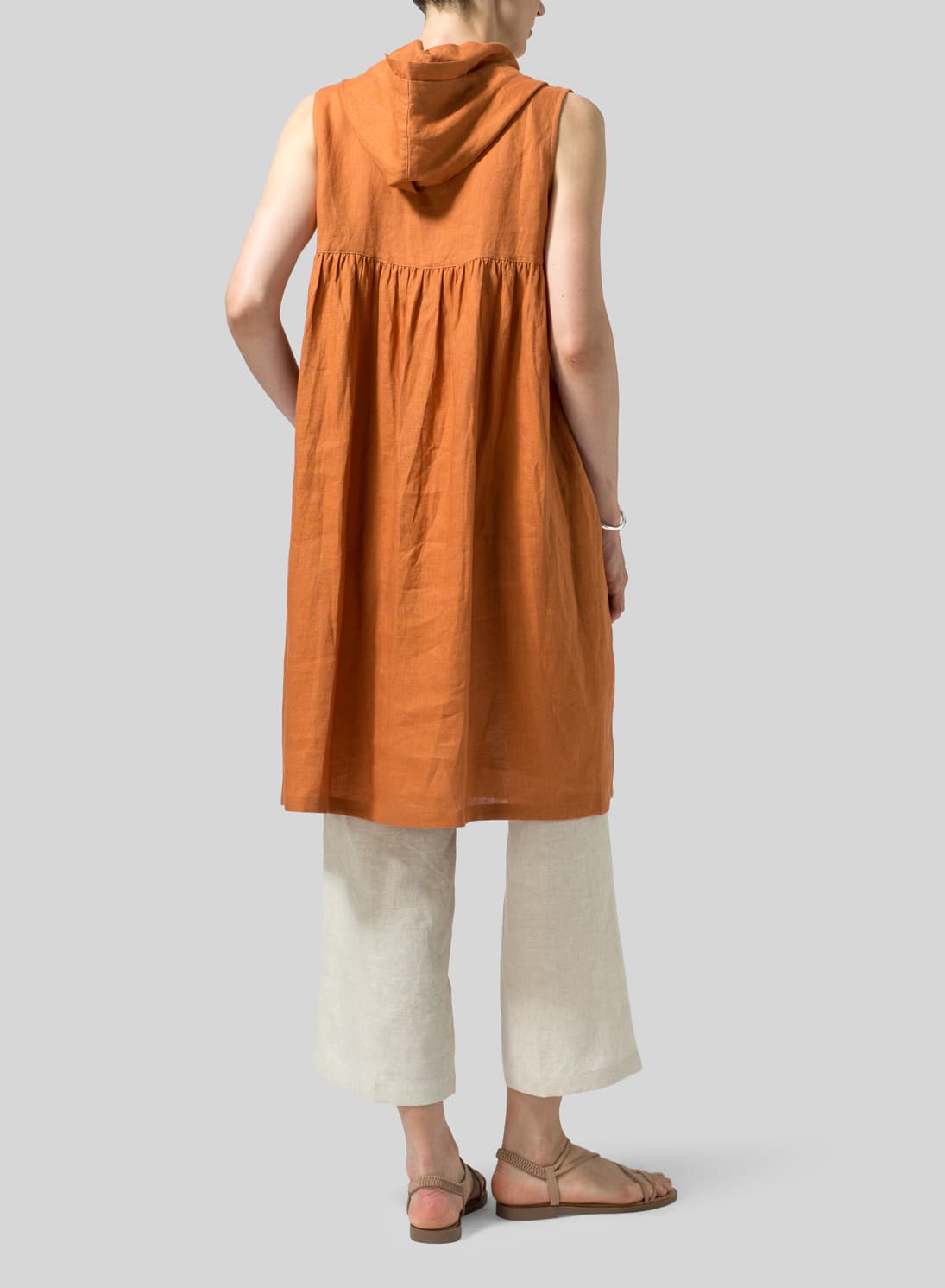 SUN ORANGE LINEN SLEEVELESS HOODIE LONG TUNIC