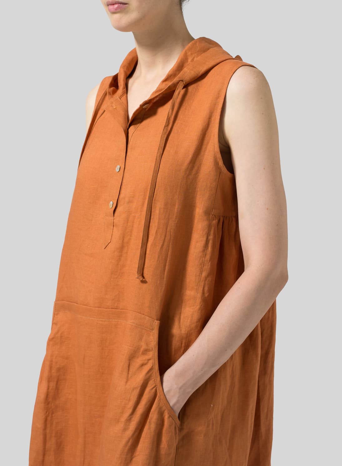 SUN ORANGE LINEN SLEEVELESS HOODIE LONG TUNIC