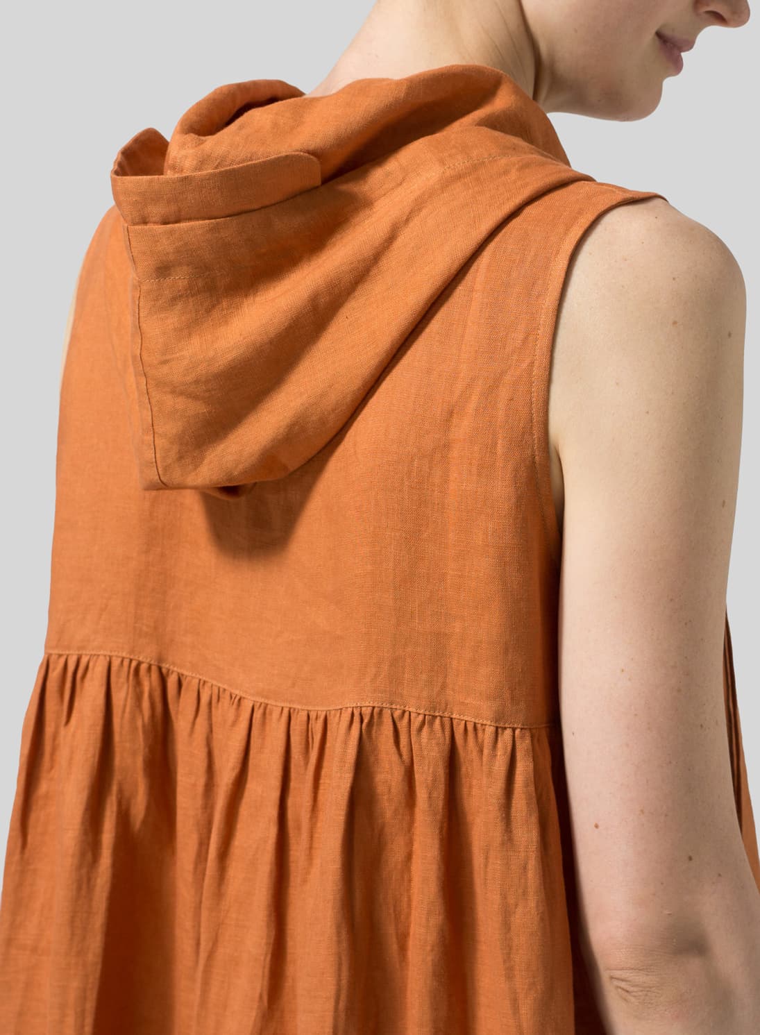 SUN ORANGE LINEN SLEEVELESS HOODIE LONG TUNIC