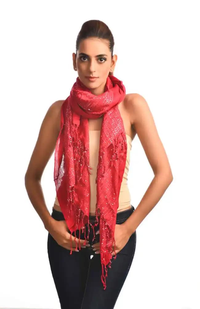RED COLOR WITH NOTED LACE VISCOSE SCARF