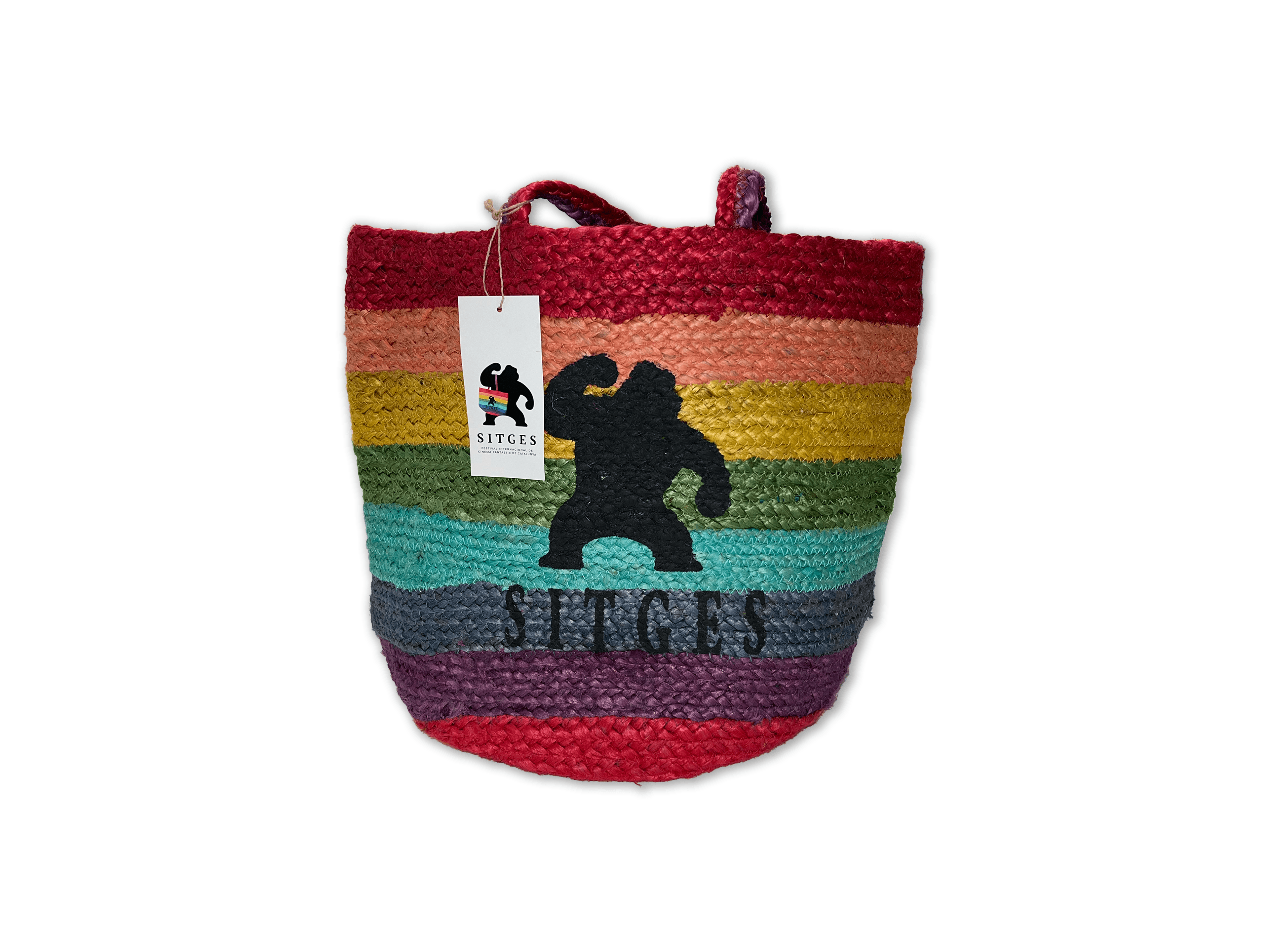 CHIMP PRINT RAINBOW STRIPE JUTE BAG