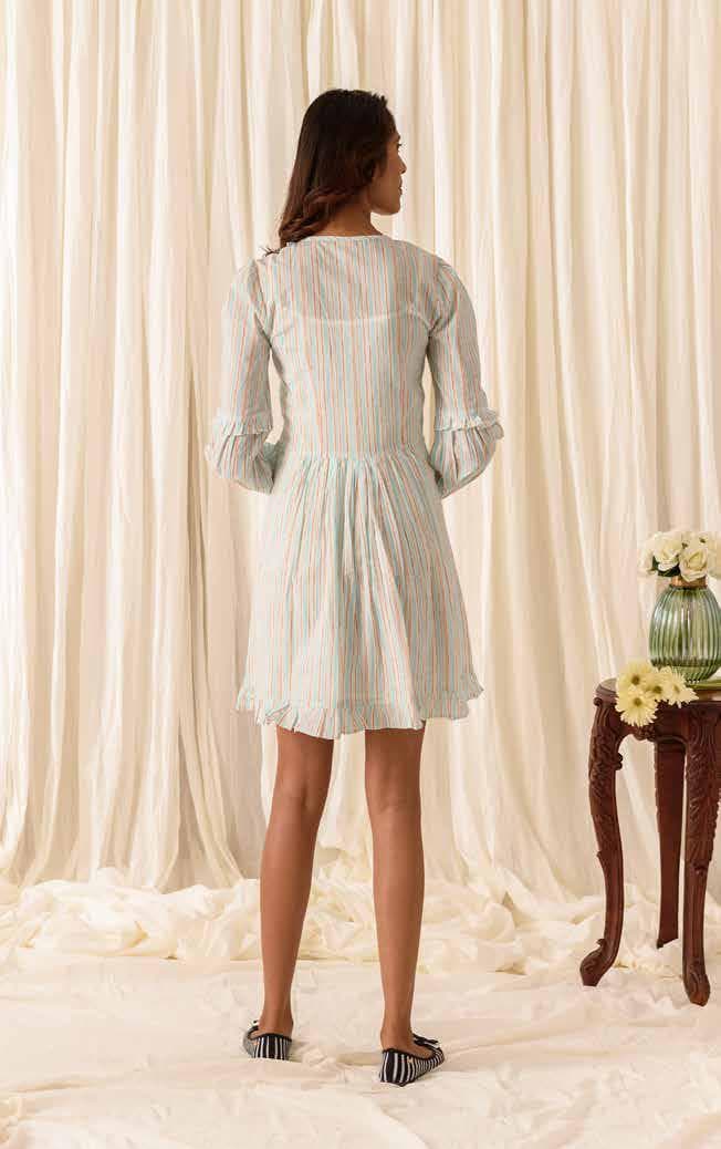STRIPE CASUAL DRESS WITH RUFFLE DETAILING