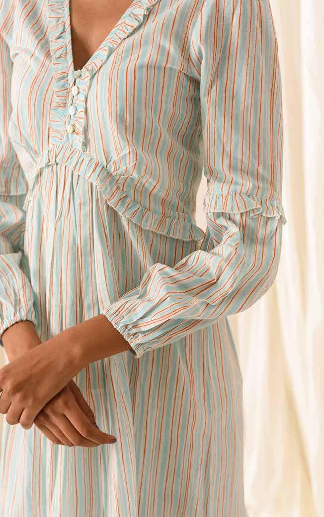 STRIPE CASUAL DRESS WITH RUFFLE DETAILING
