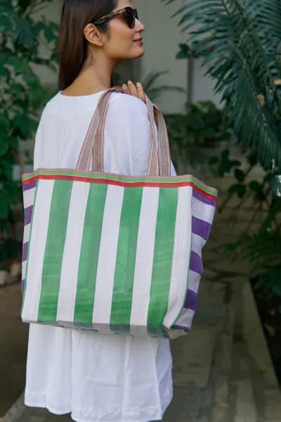 Beach bag, colourful striped, weekender, tote, shopper Medium size, made from recycled nylon.