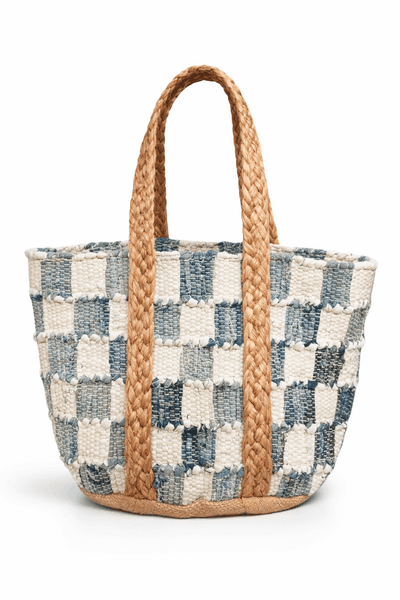Checked Pattern Denim White Beach Bag