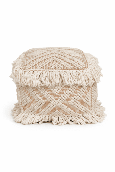 Cotton Blend Decorative Pouf with Fringe