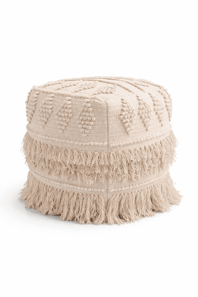 Natural Fringe Handwoven Cotton Blend Pouf