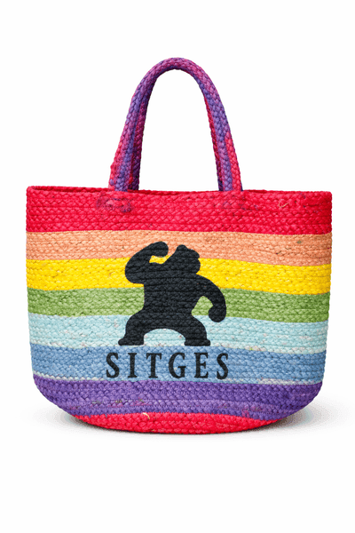 CHIMP PRINT RAINBOW STRIPE JUTE BAG