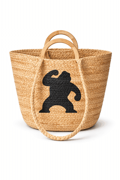 CHIMP PRINT WOOD HANDLE JUTE BAG