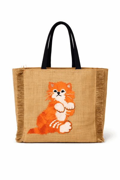 Embroidered Cat Jute Tote Bag
