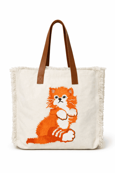 Cat Cotton Tote Bag with Genuine Leather Handles
