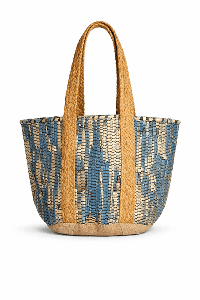 Blue Upcyled Leather Tote Bag 